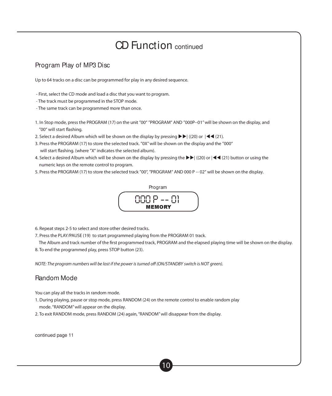 Califone 2385-03 owner manual Ooo P, Program Play of MP3 Disc, Random Mode 